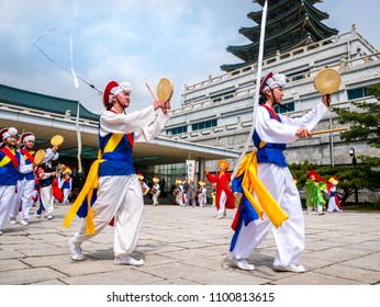APRIL 14, 2018, The Korean traditional percussion band is performing at Hanok Village in seoul, South Korea."Pungmul" was performed at The National Folk Museum of Korea.