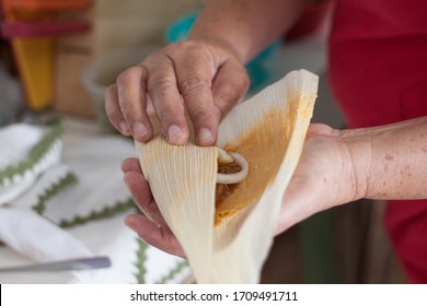 April 14, 2020, La Paz, Mexico, wrapping in corn leaves the ingredients that a tamale carries.