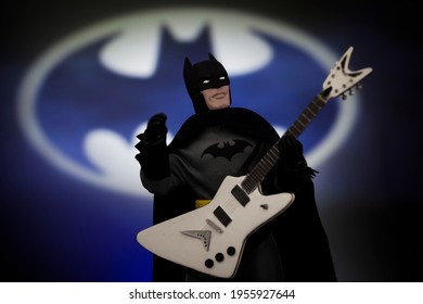 APRIL 14 2021: DC Comic Superhero Batman And Bat Signal With Electric Guitar - Mego Corp Action Figure