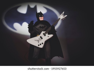 APRIL 14 2021: DC Comic Superhero Batman And Bat Signal With Electric Guitar - Mego Corp Action Figure