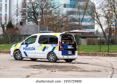 April 14, 2021, Riga, Latvia: Police Forensic Laboratory Car At The Crime Scene