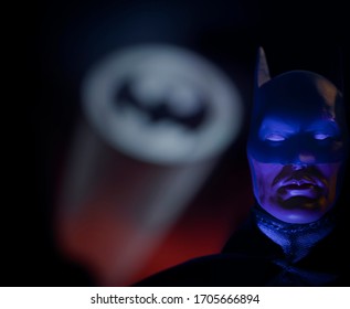 APRIL 15 2020:  Portrait Of Crime Fighter Batman With The Bat Signal Over Gotham City - Mego Corp. Action Figure