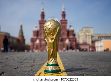April 16, 2018 Moscow. Russia Trophy of the FIFA World Cup on the Red Square in Moscow.
