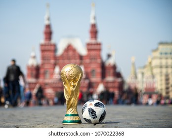 April 16, 2018 Moscow. Russia Trophy of the FIFA World Cup and official ball of FIFA World Cup 2018 Adidas Telstar 18 on the Red Square in Moscow.
