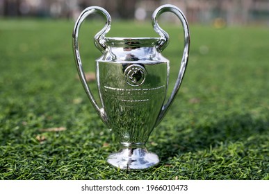April 16, 2021 Moscow, Russia. The UEFA Champions League Cup On The Green Grass Of The Lawn.