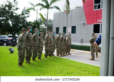 (April 17,2020 - Fort Lauderdale FL/USA) U.S Army Standing By For Governor Of Florida Ron DeSantis Press Conference At Urban League Of Broward County 