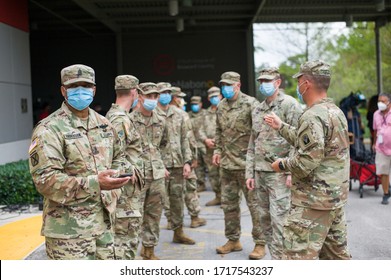 (April 17,2020 - Fort Lauderdale FL/USA) U.S Army Standing By For Governor Of Florida Ron DeSantis Press Conference At Urban League Of Broward County 