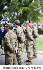 (April 17,2020 - Fort Lauderdale FL/USA) U.S Army Standing By For Governor Of Florida Ron DeSantis Press Conference At Urban League Of Broward County 