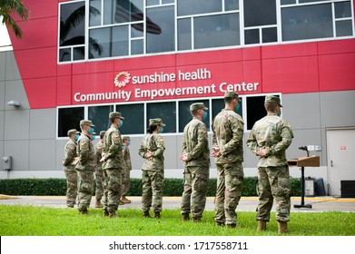 (April 17,2020 - Fort Lauderdale FL/USA) U.S Army Standing By For Governor Of Florida Ron DeSantis Press Conference At Urban League Of Broward County 