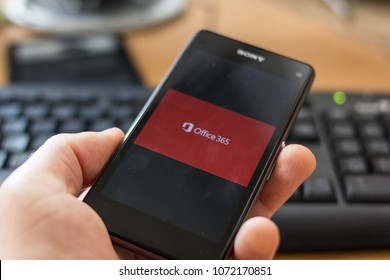 April 19 2018: Microsoft Office 365 logo open on a Sony Xperia Z1 Compact smartphone screen.