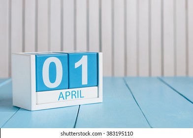 April 1st. Image Of April 1 Wooden Color Calendar On White Background.  Spring Day, Empty Space For Text. All Fool's Day