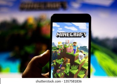April 2, 2019, Brazil. Minecraft logo on Android mobile device. Minecraft is an open-world, independent, sandbox-style electronic game that allows you to build blocks from which the world is made.