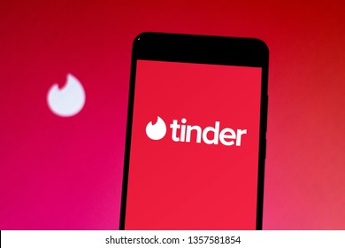 April 2, 2019, Brazil. Tinder logo on Android mobile device. Tinder is a multiplatform people localization application for online romantic dating. It is very famous all over the world.