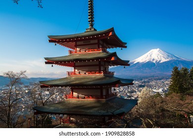 April 20 2017,Landmark of japan in the winter Chureito red Pagoda and Mt. Fuji in Fujiyoshid Japan. The Chureito Pagoda, a five-storied pagoda also known as the Fujiyoshida Cenotaph Monument.