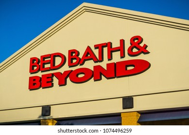 April 20, 2018 San Mateo / CA / USA - Bed Bath & Beyond Logo Above The Entrance To One Of The Stores In San Francisco Bay Area