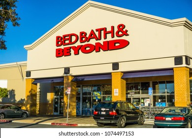 April 20, 2018 San Mateo / CA / USA - Bed Bath & Beyond Logo Above The Entrance To One Of The Stores In San Francisco Bay Area