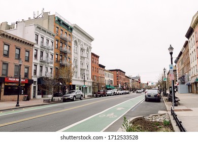 April 20 2020 - Hoboken NJ: Buildings And Empty Washington Street With Only A Few Cars