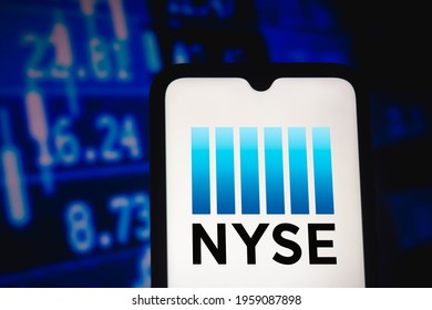 April 20, 2021, Brazil. In this photo illustration the New York Stock Exchange (NYSE) logo seen displayed on a smartphone screen