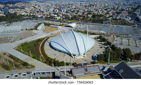 April 2017: Aerial bird's eye view of public facilities of Olympic Velodrome, Kalogreza, Attica, Athens, Greece