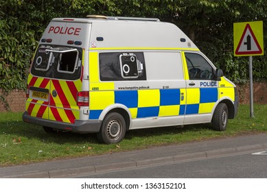 . April 2019. Police Van And Camera Checking For Speeding Motorists Parked On A Grass Verge In Kings Worthy, Hampshire, UK