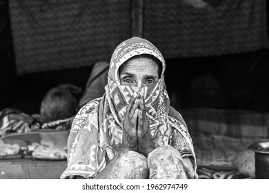 April 2020 Delhi,india
Black And White Portrait Of Indian Woman Begging In Delhi During Lockdown.Poverty Is A Major Issue In India.