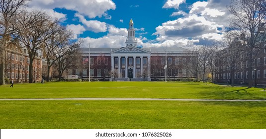 APRIL 20,2018: Harvard Business School. The north facade of the Baker Library / Bloomberg Center building in the Harvard Business School, in Boston, Massachusetts. 