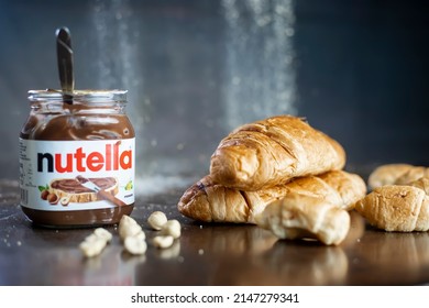 April 2022, Jeddah, KSA. Food Photoshoot Of Croissant Bread With 
Nutella