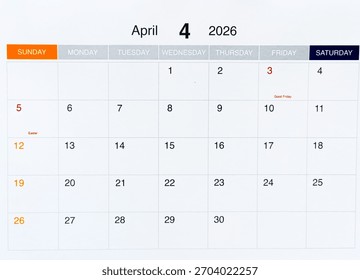 April 2026. Resolution, strategy, solution, goal, business and holidays. Date - month. Page of annual monthly Calendar. Plan Your Month with Holidays, Events, and Important Dates