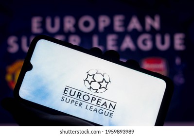 April 21, 2021, Brazil. In this photo illustration the European Super League logo seen displayed on a smartphone screen