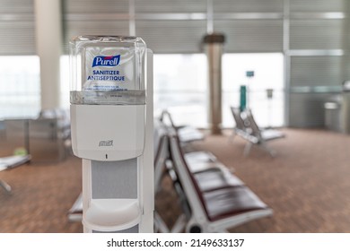 April 21 2022 - Winnipeg, Manitoba Canada - Hand Sanitizer Station At Airport Terminal