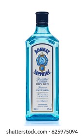 April 22, 2017, Belarus, Minsk - vertical photo of one liter Bombay Sapphire bottle isolated on white.
