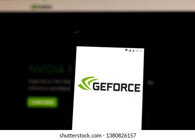 April 25, 2019, Brazil. GeForce Logo On Your Mobile Device. GeForce Is A 3D Graphics Accelerator Model For PCs Developed By NVIDIA.