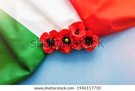April 25 Liberation Day in italian,  Flower poppy and italy flag. selective focus image	