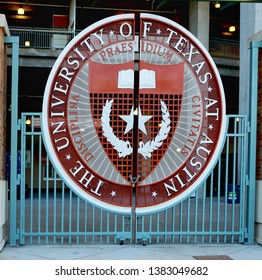 April 26, 2019, Austin, Texas. The University Of Texas Symbol On Longhorns Football Stadium Gate. The Darrell K. Royal Texas Memorial Stadium Is Home To Longhorns Football Team Since 1924. 