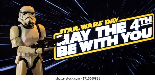 APRIL 26 2020: Star Wars Day concept - May the Fourth Be With You with a Stormtrooper  - Hasbro action figure