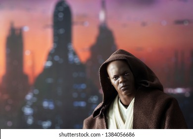 APRIL 27 2019: Jedi Master Mace Windu In Coruscant. Coruscant Cityscape In The Background.
