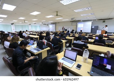 April 29, 2017 : PhD candidate students sitting in  large meeting room for profession research seminar with professor at Faculty of Education, Chulalongkorn University, Bangkok, Thailand