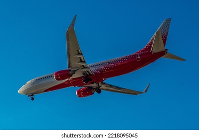 April 4, 2018, Moscow, Russia. The Rossiya Airlines Plane Is Landing At The International Airport.