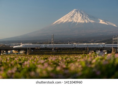 April 4, 2019 - Shizuoka, Japan: Bullet Train And Mount Fuji In The Background