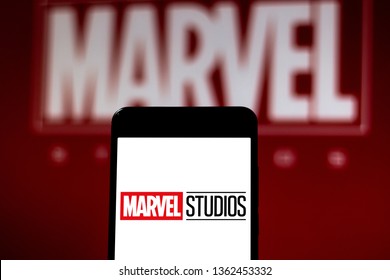 April 7, 2019, Brazil. Marvel Studios Logo On Mobile Device. Marvel Studios Is An American Film Studio Part Of The Conglomerate The Walt Disney Company.