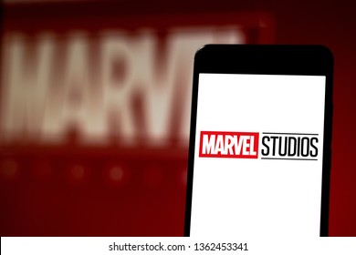 April 7, 2019, Brazil. Marvel Studios logo on mobile device. Marvel Studios is an American film studio part of the conglomerate The Walt Disney Company.