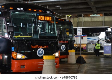 APRIL 8 2016 - WASHINGTON DC: Bolt Buses, A Transportation Line Connecting Washington DC To New York City, Line Up At The Bus Station In Union Station