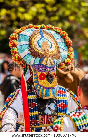 april folk mask carnaval in Varna, Bulgaria, traditional kukeri costume