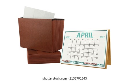 April Records Informational Management Month Calendar Next To Accordion File Folder On White Background