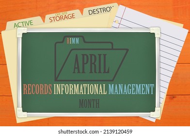 April Records Informational Management Month Chalkboard On Top Of Papers And File Folders