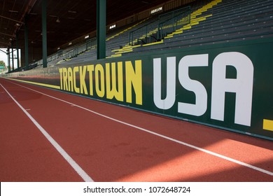 APRIL18, 2018 EUGENE OREGON - The seating or stands at the historic Hayward Field  at the University of Oregon in Eugene Oregon. Home of the Ducks, Prefontaine and the Olympic trials.
