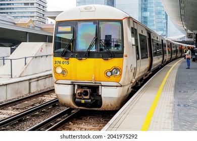 April,20,2021 London, England - Train Pulling up at london bridge overground train station