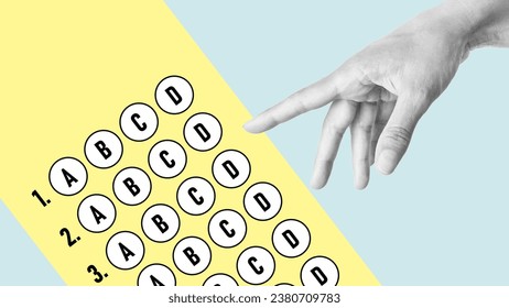 Aptitude test or Multiple choice exam. SAT test. Collage with hand and paper answer of question in examination test