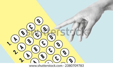 Aptitude test or Multiple choice exam. SAT test. Collage with hand and paper answer of question in examination test