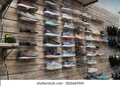 Aptos, California, USA. August ‎31, ‎2019. A Wall Full Of Shoes For Sale In A Running Shoe Specialty Retail Store.